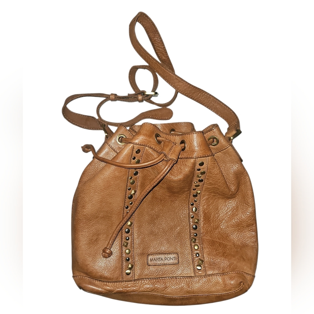 Marta Ponti Portugal Pebbled Leather Draw String Bucket Bag With Studs